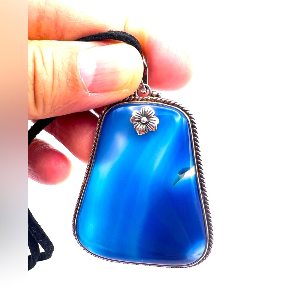 Sterling Silver 925 Blue Agate Pendant Necklace Handmade Thailand